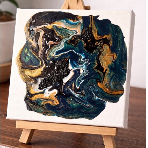 Hand Crafted Other - Hand made original shades of blue, gold,black abstract acrylic decor painting…